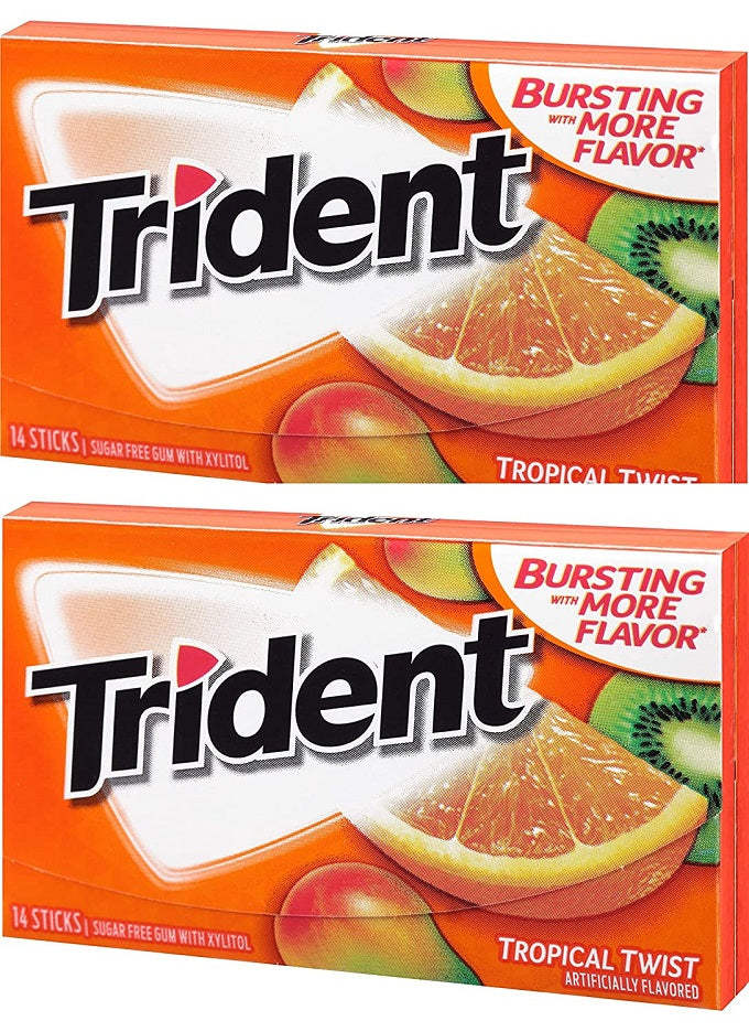 Trident Tropical Twist Sugar Free Gum, 14 Sticks (Pack of 2)