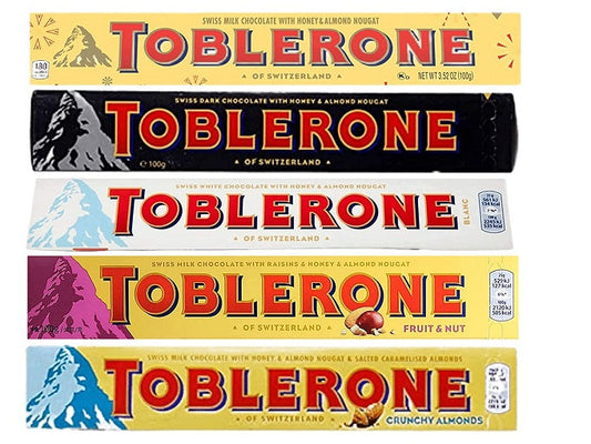 Toblerone Chocolate Combo (Milk, Dark, White, Fruit & Nut, Crunchy Almond) Pack of 5