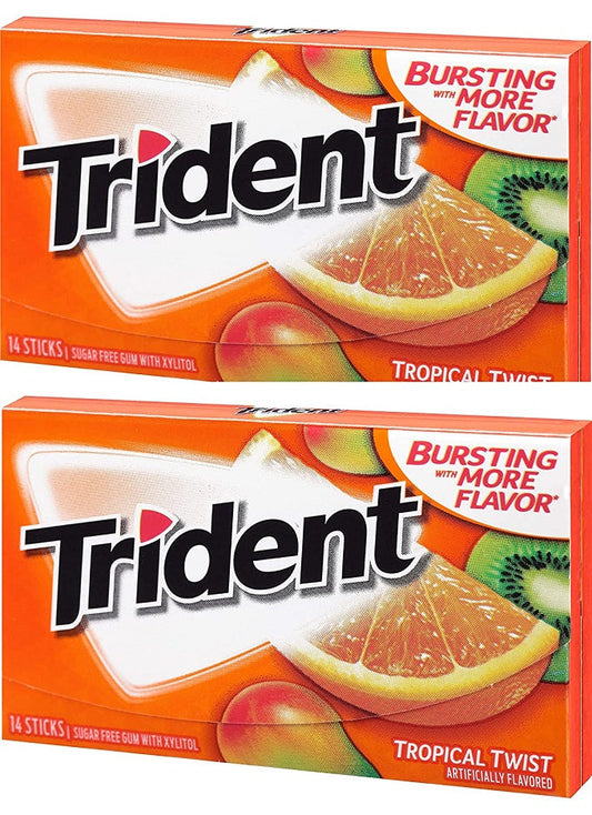 Trident Tropical Twist Sugar Free Gum, 14 Sticks (Pack of 2)