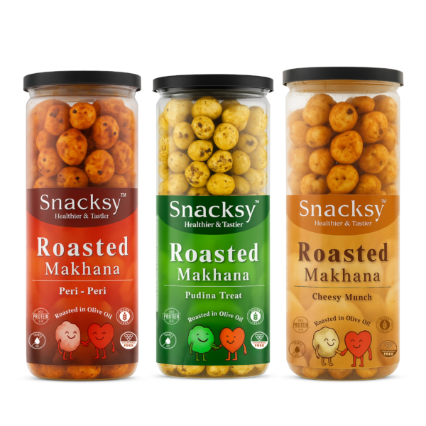 Roasted Makhana (Foxnuts)- Peri Peri, Pudina Treat and Cheesy Munch Flavour- Premium Quality (80g Each)