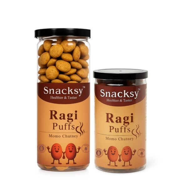 Snacksy Ragi Puffs – Momo Chutney Flavour | Baked Millet Snack | Spicy & Healthy Crunch | High Fiber | Guilt-Free Snack for All Ages