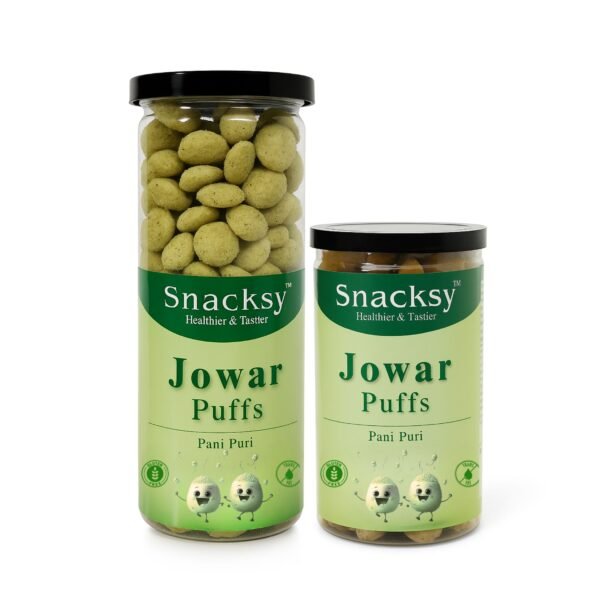 Snacksy Jowar Puffs – Pani Puri Flavour | Baked Sorghum Snack | Crispy & Crunchy | High Fiber, Gluten-Free | Healthy Snack for All Ages